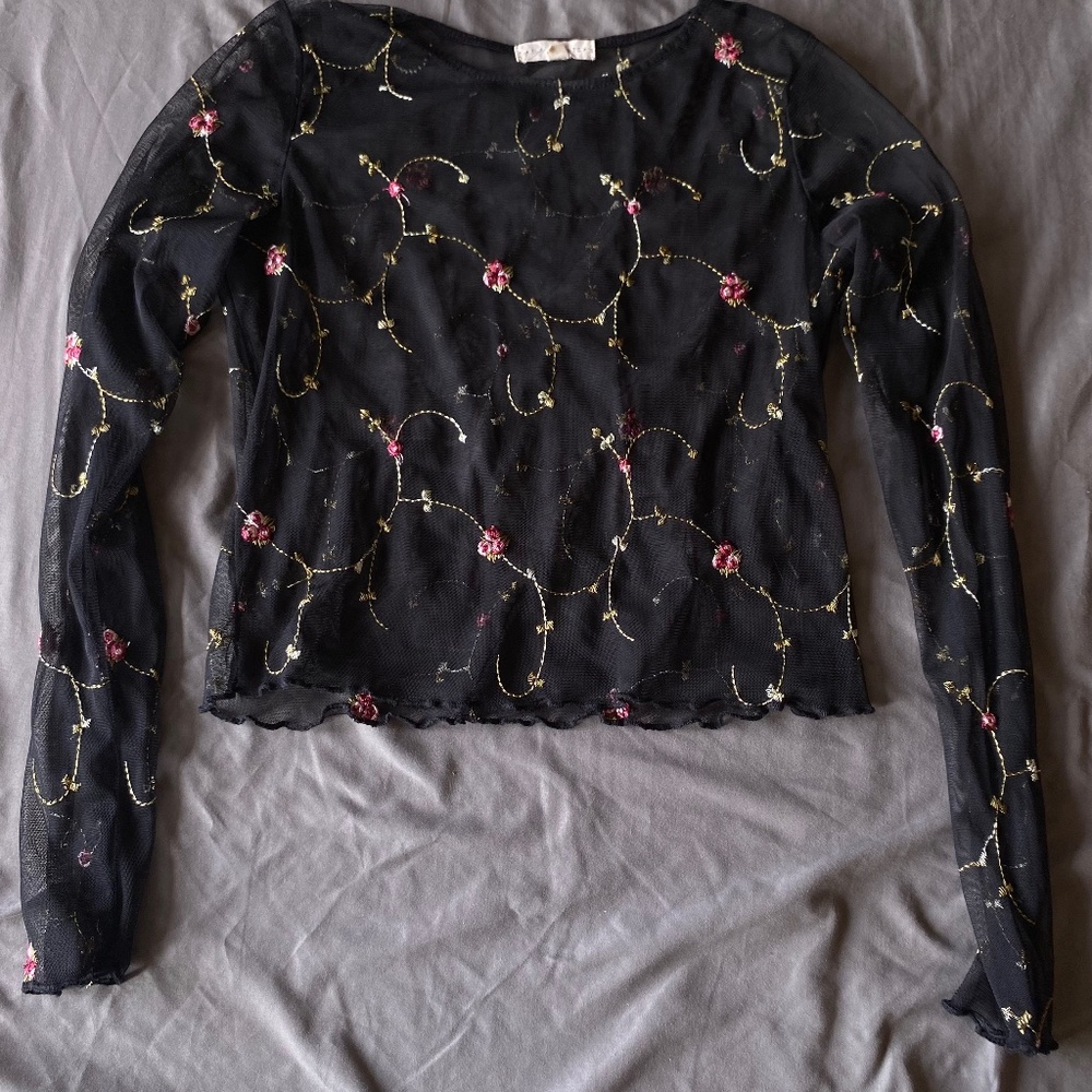 LA hearts mesh embroidered long sleeve shirt